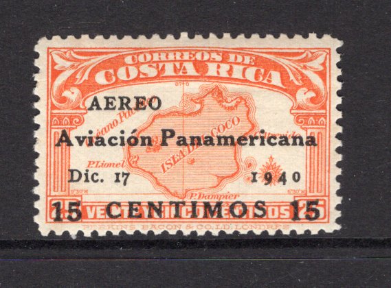 COSTA RICA - 1940 - VARIETY: 15c on 25c orange 'Pan American Aviation Day' issue with variety PRINTED ON WRONG STAMP (should have been on the 50c yellow). A fine mint copy. (SG 275a)  (COS/37315)