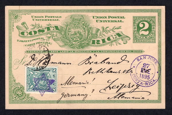 COSTA RICA - 1895 - CANCELLATION: 2c green postal stationery card (H&G 3) datelined 'San Jose de Costa Rica 27. I. 95' used with added 1892 1c greenish blue 'Arms' issue (SG 32) tied by superb strike of the 'STAR OF DAVID' cancel in violet with SAN JOSE cds dated 27 JAN 1895 alongside. Addressed to GERMANY with transit cds on front. Very fine.  (COS/37323)