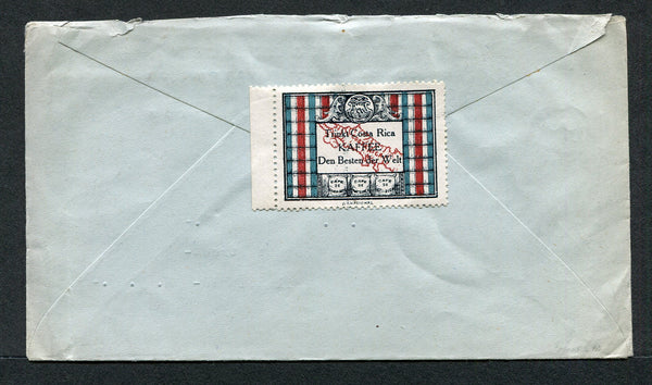 COSTA RICA - 1925 - CINDERELLA: Cover franked with 1923 10c brown (SG 142) tied by SAN JOSE cds, addressed to USA with fine black, red & blue 'Coffee' CINDERELLA label with text in German on reverse.  (COS/3772)