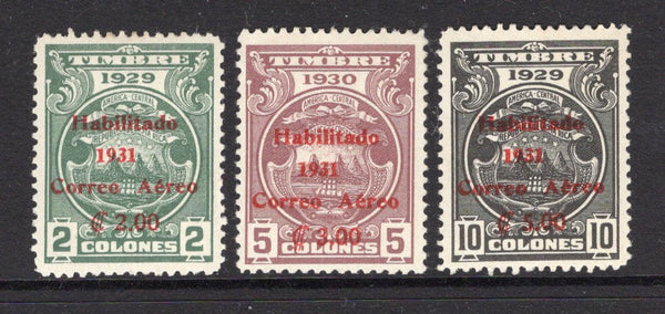 COSTA RICA - 1931 - AIRMAILS: 'Airmail' SURCHARGE issue on 'Revenue' stamps, the set of three on white paper from the second printing with overprint in scarlet, fine mint. (SG 190/192)  (COS/37801)