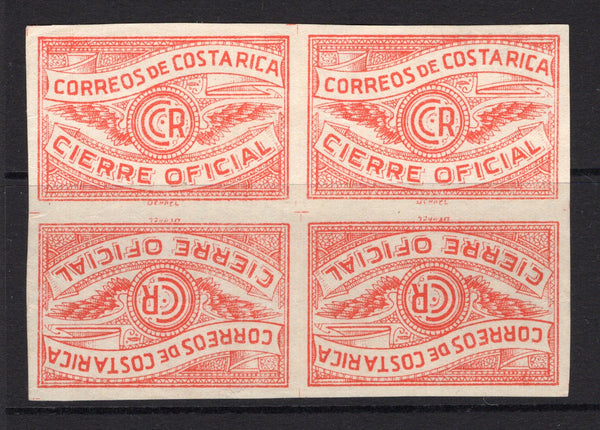 COSTA RICA - 1936 - CINDERELLA: Red-orange WINGED CR 'Official Seal' inscribed CIERRE OFICIAL, imperf, a fine mint block of four comprising two TETE BECHE PAIRS. (Mena #IPS4 variety)  (COS/37809)