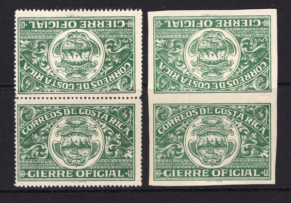 COSTA RICA - 1934 - CINDERELLA: Green ARMS 'Official Seal' inscribed CIERRE OFICIAL, two fine mint TETE BECHE PAIRS perf and imperf. (Mena #PS3 & IPS3 variety)  (COS/37811)