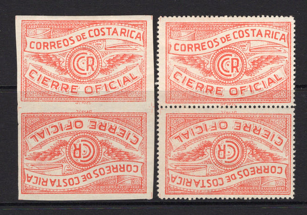 COSTA RICA - 1934 - CINDERELLA: Red-orange WINGED CR 'Official Seal' inscribed CIERRE OFICIAL, two fine mint TETE BECHE PAIRS perf and imperf. (Mena #PS4 & IPS4 variety)  (COS/37814)