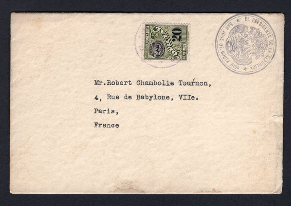 COSTA RICA - 1935 - OFFICIAL MAIL: Printed 'Presidente de la Republica' OFFICIAL cover franked with 1926 20c olive green & black 'Official' issue (SG O175) tied by SAN JOSE cds in purple with fine strike of the Presidents 'Arms' cachet alongside. Addressed to FRANCE with transit & arrival marks on reverse. The original New Years greetings card from President Ricardo Jimenez enclosed.  (COS/37816)