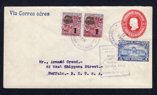 COSTA RICA - 1930 - FIRST FLIGHT: 10c carmine 'Waterlow' postal stationery envelope (H&G B15) used with added 1926 3c ultramarine and pair 1930 40c on 1cor deep lilac 'Airmail' SURCHARGE issue (SG 165 & 179) tied by CORREO AEREO COSTA RICA cds's dated MAR 11 1930. Flown on the San Jose - Miami, USA first flight with boxed first flight cachet on front. (Muller #14)  (COS/38178)
