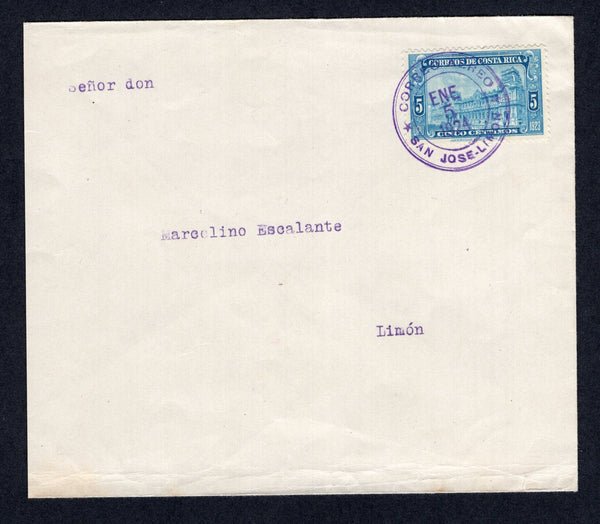 COSTA RICA - 1924 - EMERGENCY AIRMAIL FLIGHT: Plain commercial cover franked with single 1923 5c light blue (SG 140) tied by fine CORREO AEREO SAN JOSE - LIMON cds dated JAN 5 1924. Addressed to LIMON with arrival cds dated JAN 5 1924 on reverse. This cover was flown on the first of the five emergency flights by the US Army.  (COS/38329)