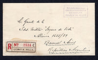 COSTA RICA - 1927 - OFFICIAL MAIL & REGISTRATION: Stampless registered cover with oval 'Consulat General de la Republica Argentina' cachet and R.R. EXTERIOR SAN JOSE cds dated FEB 8 1927 on reverse plus boxed 'SAN JOSE CORRESPONDECIA CONSULAR FRANCO DE PORTE' cachet in purple on front with black & red registration label alongside. Addressed to ARGENTINA with arrival cds also on reverse.  (COS/38431)