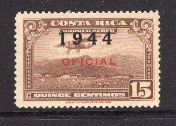COSTA RICA - 1944 - ESSAY: 15c chocolate AIR issue with 'OFICIAL' overprint in red and further overprinted '1944' in black (type A, smaller numbers). Issued as an airmail ESSAY, mint with gum. Very scarce. Expertised 'KESSLER' on reverse. (Mena #EA103Ae)  (COS/38738)