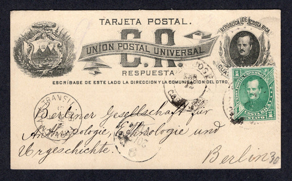 COSTA RICA - 1889 - POSTAL STATIONERY: 4c + 0c black on buff 'Fernandez' postal stationery replycard (H&G 2) the 4c reply half only with printed 'El Museo Nacional' message on reverse used with added 1883 1c green 'Fernandez' issue (SG 13) tied by SAN JOSE cds's dated FEB 22 1889. Addressed to GERMANY with transit & arrival marks all on front. Fine & scarce.  (COS/39026)