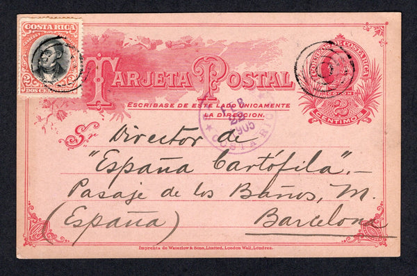 COSTA RICA - 1905 - POSTAL STATIONERY: 2c rose on pink postal stationery card (H&G 8) used with added 1901 2c black & vermilion 'Portrait' issue (SG 43) tied by 'Target' cancels with SAN JOSE cds dated FEB 22 1905 alongside. Addressed to SPAIN.  (COS/39027)