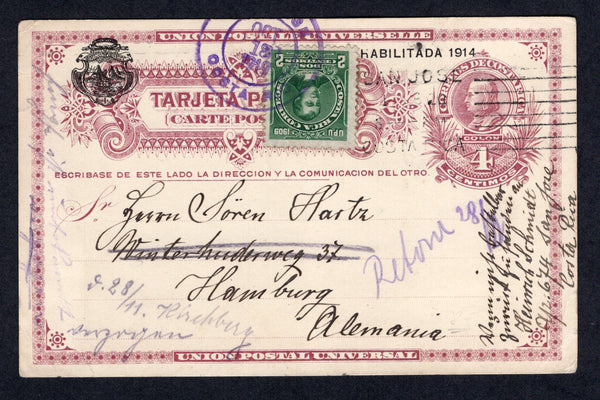 COSTA RICA - 1919 - POSTAL STATIONERY: 4c deep red violet on cream postal stationery card with 'HABILITADO 1914' overprint (H&G 16) used with added 1910 2c deep green (SG 78) tied by SAN JOSE cds in purple dated OCT 18 1919. Addressed to GERMANY with transit marks on reverse.  (COS/39028)