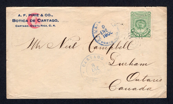 COSTA RICA - 1900 - ARMS ISSUE: Cover franked with single 1892 10c green 'Arms' issue (SG 35) tied by 'Target' cancel in black with CARTAGO cds alongside dated 8 JAN 1900. Addressed to CANADA with LIMON transit cds on front and various other transit and arrival marks on reverse.  (COS/39030)