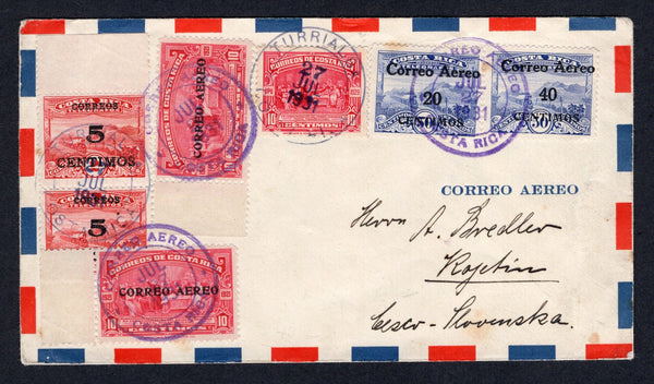 COSTA RICA - 1931 - AIRMAIL: Airmail cover franked with 1923 10c carmine, 1929 pair 5c on 2col rose red plus 1930 10c carmine and pair 20c on 50c ultramarine 'CORREO AEREO' surcharge issue (SG 143, 172, 181 & 183) tied by TURRIALBA cds's and CORREO SEREO COSTA RICA cds's all dated JUL 27 1931. Addressed to CZECHOSLOVAKIA. A nice franking.  (COS/39382)