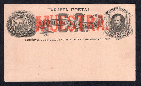COSTA RICA - 1883 - POSTAL STATIONERY: 2c black on brownish pink postal stationery card (H&G 1) overprinted 'MUESTRA' (Specimen) in large red letters. Fine unused.  (COS/39540)