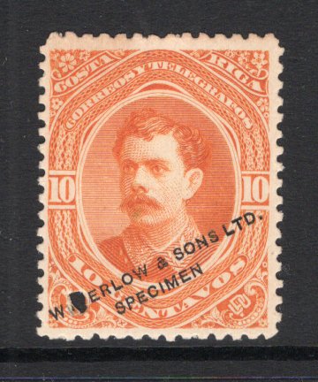 COSTA RICA - 1889 - PROOF: 10c orange 'Soto' issue WATERLOW COLOUR TRIAL in unissued colour on thick paper with 'WATERLOW & SONS LIMITED SPECIMEN' overprint in black and small hole punch. (As SG 25, Mena #S24a)  (COS/39820)