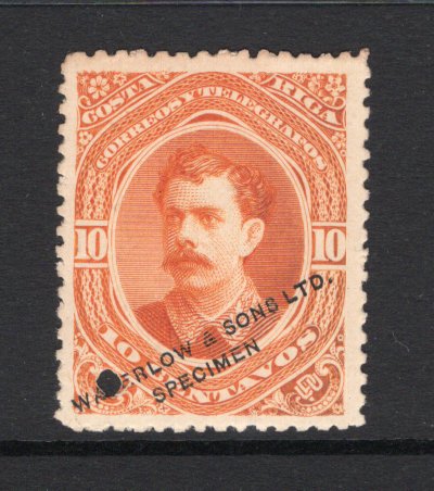 COSTA RICA - 1889 - PROOF: 10c orange 'Soto' issue WATERLOW COLOUR TRIAL in unissued colour on thick paper with 'WATERLOW & SONS LIMITED SPECIMEN' overprint in black and small hole punch. (As SG 25, Mena #S24a)  (COS/39822)