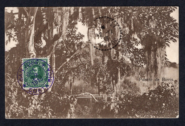 COSTA RICA - 1913 - DESTINATION: Sepia PPC 'Puente de Birris' showing a bridge over a forest valley franked on picture side with single 1910 2c deep green (SG 78) tied by SAN JOSE cds dated OCT 12 1913. Addressed to TAFORALT, MOROCCO with arrival cds on picture side.  (COS/39928)