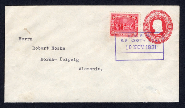COSTA RICA - 1931 - MARITIME: 10c carmine on white 'Waterlow' postal stationery envelope (H&G B15) used with added 1930 10c carmine (SG 176) tied by superb strike of boxed 'K.N.S.M. S.S. COSTA RICA' Ship cancel in purple dated 10 NOV 1931. Addressed to GERMANY.  (COS/40110)