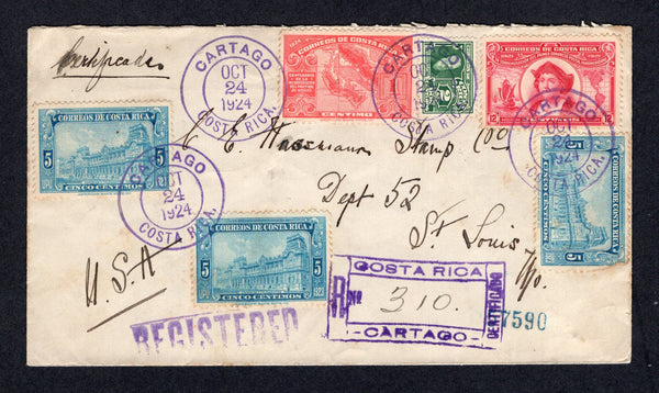 COSTA RICA - 1924 - REGISTRATION: Registered cover franked with 1923 3 x 5c light blue, 1924 2c green and 1924 1c carmine (SG 140, 148 & 149) tied by CARTAGO cds's dated OCT 24 1924 with boxed 'CARTAGO CERTIFICADO' registration marking alongside all in purple. Addressed to USA with transit & arrival marks on reverse.  (COS/40128)