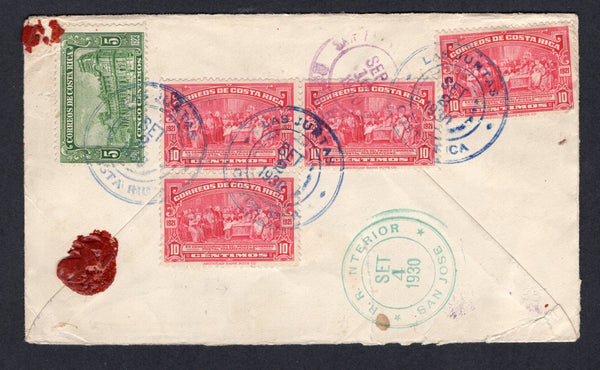 COSTA RICA - GUANACASTE - 1930 - REGISTRATION & CANCELLATION: Registered cover franked on reverse with 1923 5c green and 4 x 10c carmine (SG 141 & 143) tied by multiple strikes of LAS JUNTAS cds dated SEP 2 1930 with boxed 'LAS JUNTAS AB. CERTIFICADO' registration marking in blue on front. Addressed to USA with transit & arrival marks on reverse.  (COS/40131)