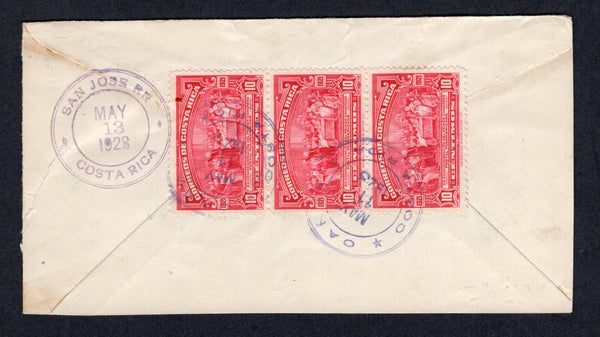 COSTA RICA - GUANACASTE - 1928 - REGISTRATION & CANCELLATION: Internal registered cover franked on reverse with strip of three 1923 10c carmine (SG 143) tied by CANAS cds's dated MAY 11 1928 with boxed 'CANAS, Guanacaste' registration marking in purple on front. Addressed to SAN JOSE with arrival cds on reverse.  (COS/40132)