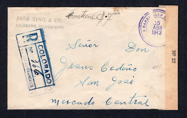 COSTA RICA - GUANACASTE - 1943 - REGISTRATION & CANCELLATION: Internal registered cover with 'Jose Sing & Co. Colorado, Guanacaste' handstamp at top franked on reverse with 3 x 1942 15c on 20c blue (SG 326) tied by COLORADO cds's in blue dated 25 ABR 1943 with fine boxed 'COLORADO CANTON DE ABANGARES' registration marking on front. Addressed to SAN JOSE with MANZANILLO transit cds on front and SAN JOSE arrival cds on reverse. Cover is also censored on arrival in SAN JOSE with printed 'DEFENSA CONTINENTAL N