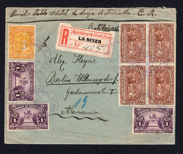 COSTA RICA - 1925 - REGISTRATION, CANCELLATION & SWISS COLONY: Registered cover with manuscript 'Remit: Pablo Schild, La Suiza de Turrialba. C.R.' return address at top franked with 1923 3 x 1c purple, 2c chrome yellow and 4 x 10c brown (SG 137/138 & 142) tied by multiple strikes of LA SUIZA, CTGO cds's dated AGO 25 1925 with printed black & red 'Republica de Costa Rica LA SUIZA' registration label alongside also tied by the cds. Addressed to GERMANY with TURRIALBA and SAN JOSE and US SEA POST transit cds'