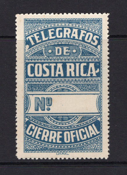 COSTA RICA - 1920 - TELEGRAPHS: Circa 1920. Large blue 'Telegrafos de Costa Rica Cierre Oficial' TELEGRAPH SEAL with blank space for number, a fine unused copy. Uncommon. (Mena #TS1)  (COS/4024)