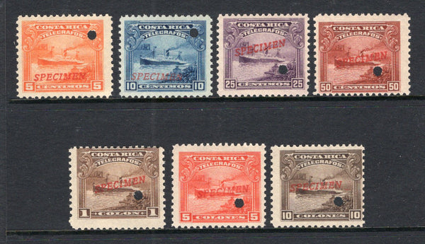 COSTA RICA - 1910 - TELEGRAPH ISSUE & SPECIMENS: 'Steamer Ship' TELEGRAPH issue, the set of seven each stamp overprinted 'SPECIMEN' and with small hole punch. Ex ABNCo. archive. (Barefoot #13/19)  (COS/40354)