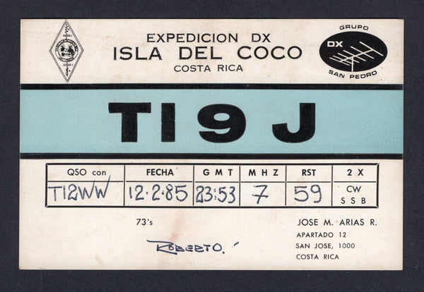 COSTA RICA - 1985 - COCOS ISLAND: Stampless printed headed 'Expedicion DX Isla Del Coco' HAM Radio card in black & blue sent from the island with boxed 'EXPEDICION DX ISLA DEL COCO FEBRERO 1985' operators cachet on reverse. Addressed to SAN JOSE.  (COS/40405)