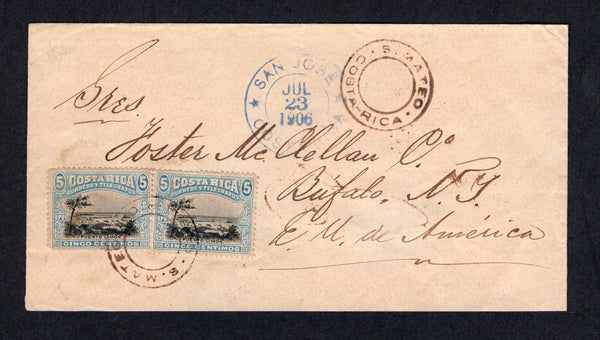 COSTA RICA - 1906 - CANCELLATION: Cover franked with pair 1901 5c black & pale blue (SG 44) tied by undated S. MATEO COSTA-RICA cds in black with additional fine strike alongside. Addressed to USA with SAN JOSE transit cds on front and USA arrival marks on reverse.  (COS/40656)