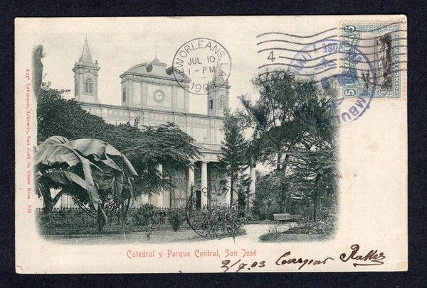 COSTA RICA - 1903 - TRAVELLING POST OFFICES: Green tinted PPC 'Catedral y Parque Central, San Jose' franked on picture side with single 1901 5c black & pale blue (SG 44) tied by good strike of AMBULANTE SAN JOSE Y LIMON cds in blue dated JUL 3 1903 with LIMON cds on reverse. Addressed to AUSTRIA with transit and arrival cds's on front & reverse.  (COS/40660)