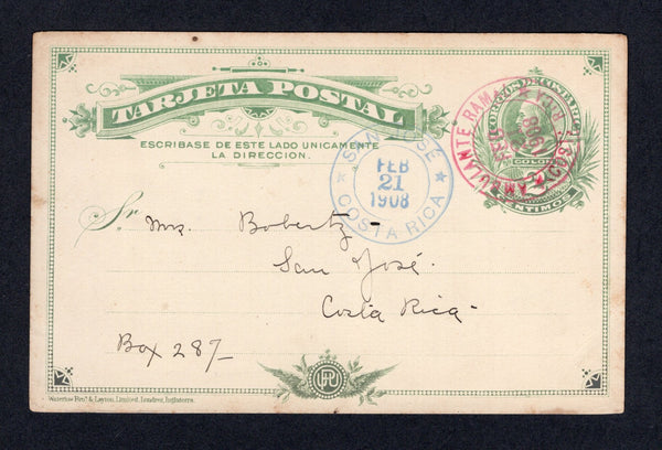 COSTA RICA - 1908 - TRAVELLING POST OFFICES: 2c light green on cream postal stationery card (H&G 12) used with fine strike of AMBULANTE RAMAL cds in red dated FEB 21 1908. Addressed internally to SAN JOSE with arrival cds dated the same day on front.  (COS/40671)