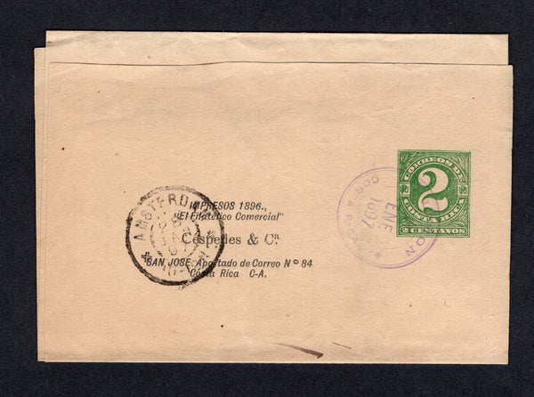 COSTA RICA - 1897 - POSTAL STATIONERY: 2c green postal stationery wrapper (H&G E1) used with LIMON cds in purple dated 9 JAN 1897. Addressed to HOLLAND with arrival cds on front. Fine.  (COS/41084)