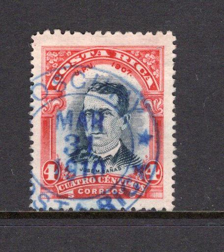 COSTA RICA - 1907 - CANCELLATION: 4c indigo & carmine red on toned 'Portrait' issue, perf 11½x14, a fine used copy with good strike of KOSCHNY cds in blue dated MAR 31 1910. Uncommon. (SG 69)  (COS/41580)