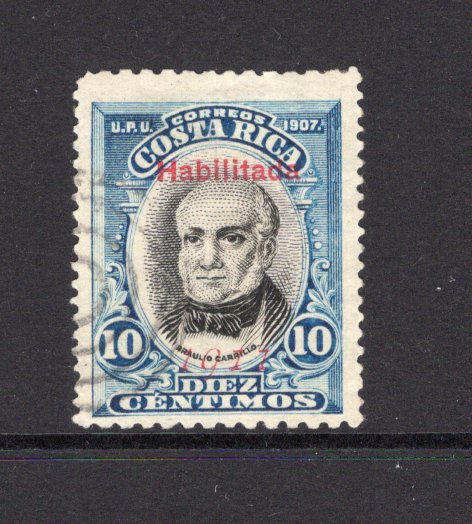 COSTA RICA - 1911 - VARIETY: 10c black & blue, perf 11½ x 14, with 'Habilitado 1911' overprint in red showing variety 'HABILITADA' FOR 'HABILITADO', a fine lightly used copy. Very scarce. (SG 92a variety)  (COS/41587)