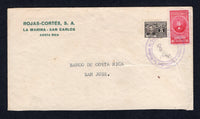 COSTA RICA - 1943 - CANCELLATION: Circa 1943. Cover franked with 1941 5c black & 1943 10c carmine (SG 312 & 342) tied by fine CORREOS Y TELEGRAFOS LA MARINA DE SAN CARLOS cds with '8 Mar' date added in manuscript. Addressed to SAN JOSE.  (COS/495)