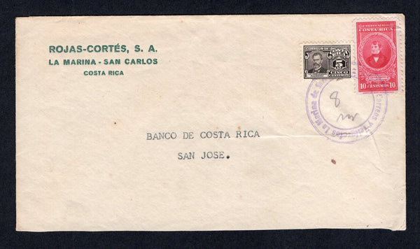 COSTA RICA - 1943 - CANCELLATION: Circa 1943. Cover franked with 1941 5c black & 1943 10c carmine (SG 312 & 342) tied by fine CORREOS Y TELEGRAFOS LA MARINA DE SAN CARLOS cds with '8 Mar' date added in manuscript. Addressed to SAN JOSE.  (COS/495)