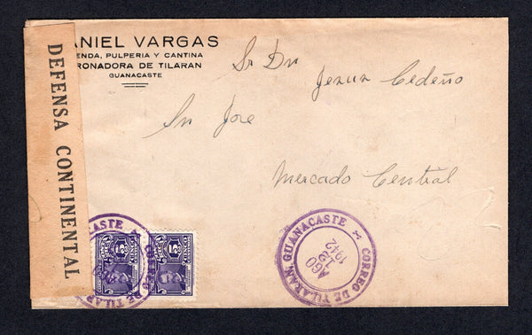 COSTA RICA - GUANACASTE - 1942 - CANCELLATION & CENSOR: Cover franked with strip of three 1941 5c violet (SG 311) tied by CORREOS DE TILARAN cds in purple with second strike alongside. Addressed to SAN JOSE and censored on arrival with 'Defensa Continental' censor strip. Also SAN JOSE CARTERO No. 2 and JEFE DE CARTEROS SAN JOSE arrival cds's on reverse.  (COS/496)
