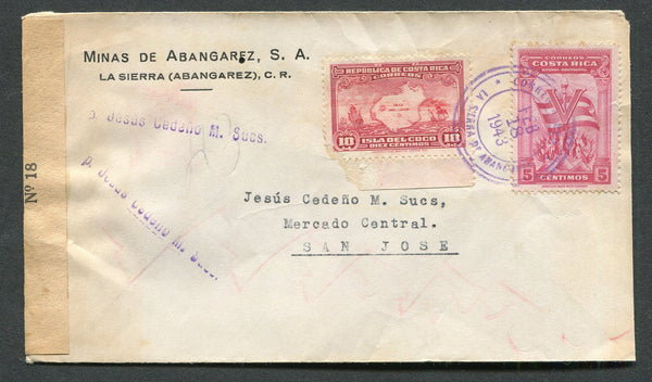 COSTA RICA - 1943 - CANCELLATION & CENSOR: Cover franked with 1936 10c carmine and 1942 5c carmine (SG 226 & 327) tied by CORREO AEREO LA SIERRA DE ABANGARES cds in purple. Addressed to SAN JOSE censored on arrival with 'Defensa Continental' censor strip. Also SAN JOSE CARTERO No. 2 and JEFE DE CARTEROS SAN JOSE arrival cds's on reverse.  (COS/499)