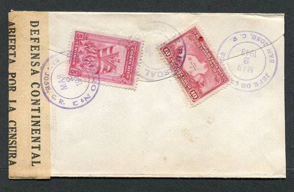 COSTA RICA - 1943 - CANCELLATION & CENSOR: Cover franked on reverse 1936 10c carmine and 1942 5c carmine (SG 226 & 327) tied by CORREO DE PURISCAL cds. Addressed to SAN JOSE censored on arrival with 'Defensa Continental' censor strip. Also SAN JOSE CARTERO No. 2 and JEFE DE CARTEROS SAN JOSE arrival cds's on reverse.  (COS/501)