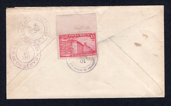 COSTA RICA - 1941 - CANCELLATION: Cover franked on reverse 1941 15c carmine (SG 315) tied by CORREO AEREO LAS JUNTAS DE ABANGARES cds. Addressed to SAN JOSE with SAN JOSE CARTERO No. 2 and JEFE DE CARTEROS SAN JOSE arrival cds's on reverse.  (COS/507)