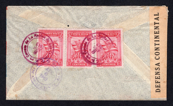 COSTA RICA - 1943 - CANCELLATION & CENSOR: Airmail cover franked on reverse with strip of three 1942 5c carmine (SG 327) tied by CORREOS DE LA MARINA DE SAN CARLOS C.R. cds. Addressed to SAN JOSE with SAN JOSE CARTERO No. 2 arrival cds on reverse.  (COS/509)
