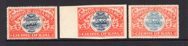 COSTA RICA - 1930 - CINDERELLA: Orange-red & blue ARMS 'Official Seal' inscribed CIERRE OFICIAL, three copies perf, imperf, and with centre in light blue, the latter unrecorded in Mena, all fine mint. (Mena #PS2 & IPS2)  (COS/6341)