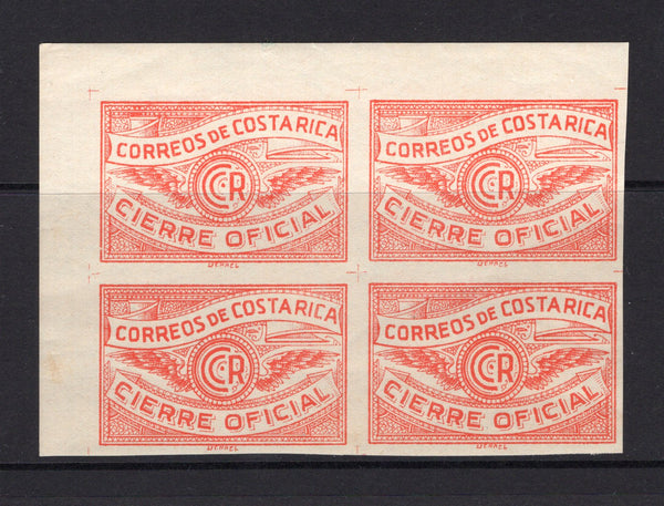 COSTA RICA - 1936 - CINDERELLA: Red-orange WINGED CR 'Official Seal' inscribed CIERRE OFICIAL, imperf, a fine mint corner marginal block of four. (Mena #IPS4)  (COS/6353)