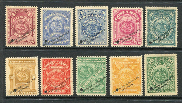 COSTA RICA - 1892 - ARMS ISSUE: 'Arms' issue set of ten 'Waterlow' COLOUR TRIALS all in vastly different colours from the issued stamps with WATERLOW & SONS LTD SPECIMEN opt and small hole punch. (SG 32/41)  (COS/7410)