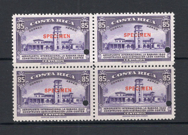 COSTA RICA - 1940 - SPECIMEN: 85c violet 'Opening of La Sabana Airport' issue a fine mint block of four each stamp with SPECIMEN overprint in red. Ex ABNCo. Archive. (SG 254)  (COS/778)