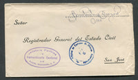 COSTA RICA - GUANACASTE - 1947 - OFFICIAL MAIL & CANCELLATION: Stampless official cover with oval 'Jefetura Politica Y Comandancia Cantonal de NICOYA, Guanacaste, C.R.' official cachet in purple and OFICINA DE CORREOS DE NOCOYA GUANACASTE cds in blue with official signature at top right. Addressed to SAN JOSE.  (COS/8534)