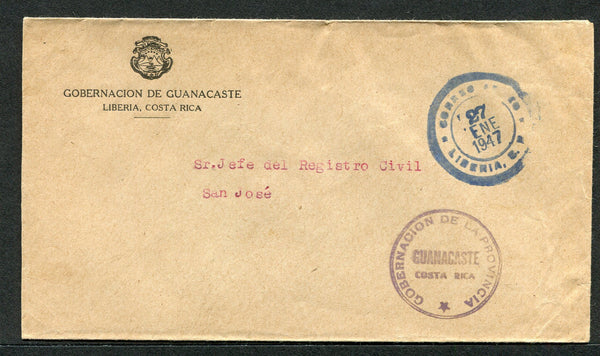 COSTA RICA - GUANACASTE - 1947 - OFFICIAL MAIL & CANCELLATION: Headed 'Gobernacion de Guanacaste Liberia Costa Rica' ARMS stampless official cover with circular 'Gobernacion de la Provincia GUANACASTE Costa Rica' official cachet in purple and CORREO AEREO LIBERIA C.R. Cds in blue. Addressed to SAN JOSE.  (COS/8549)