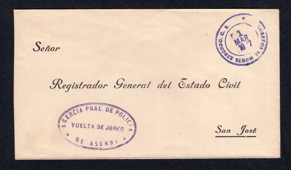 COSTA RICA - 1947 - OFFICIAL MAIL & CANCELLATION: Stampless official cover with oval 'Agencia Pral de Policia Vuelta de Jorco de ASERRI' official cachet and CORREOS DE MONTE REDONDO C.R. cds both in purple. Addressed to SAN JOSE.  (COS/8553)